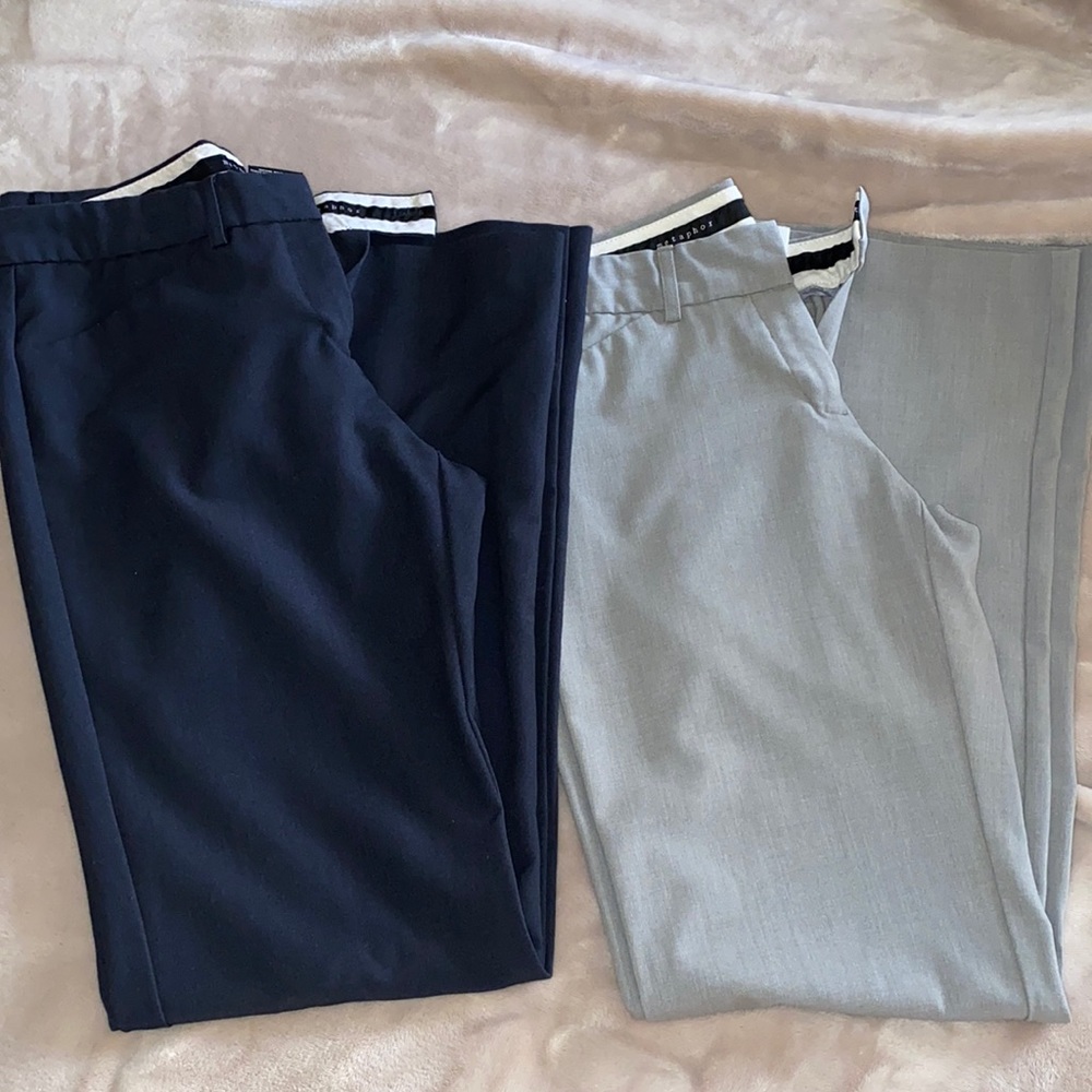 Bootcut work slacks in grey and navy.